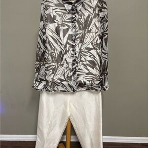 Alfred Dunner Brown and Cream Leaf Print Blouse with Satin pants